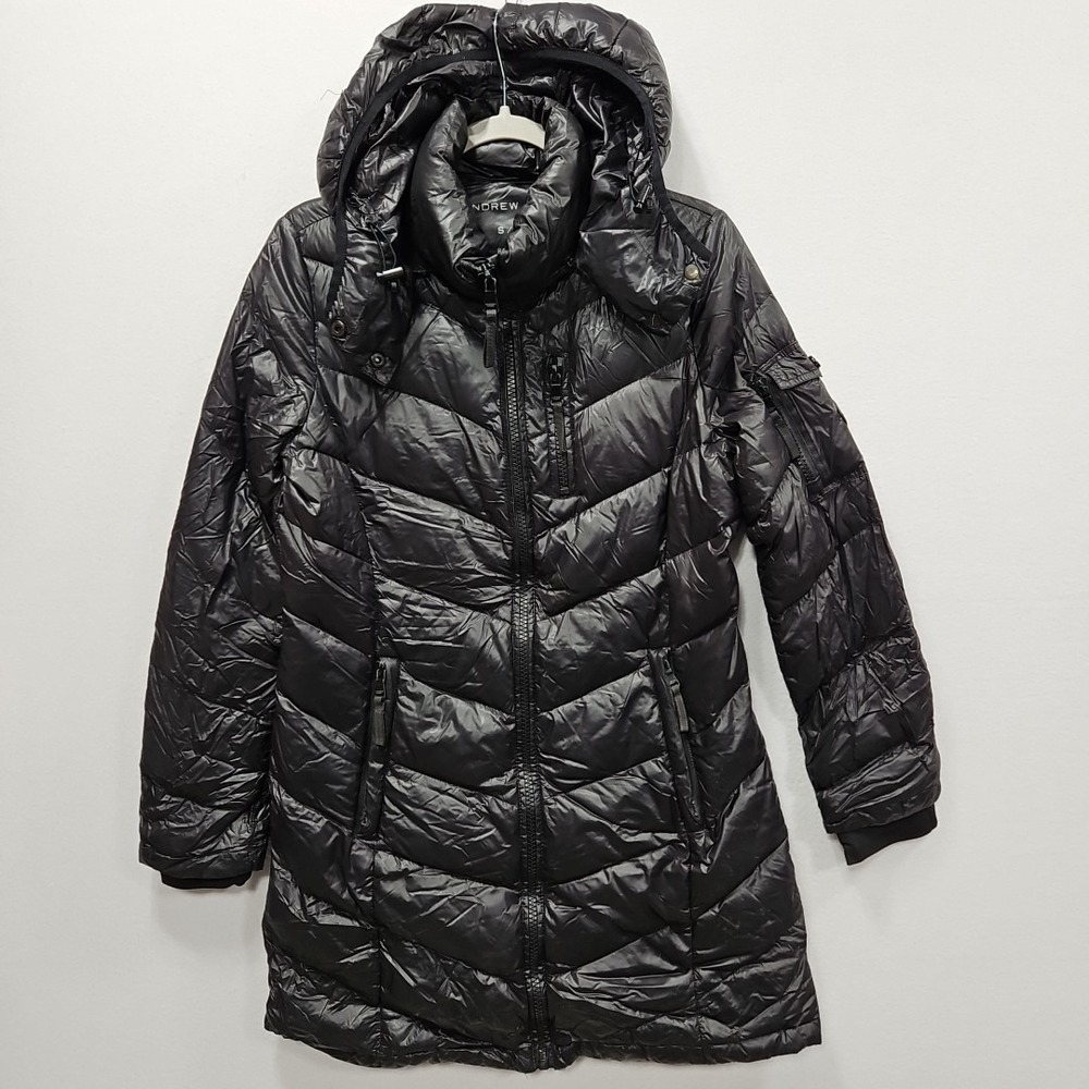 Andrew Marc Premium Down Puffer Jacket Womens S Packable Quilted Black Hooded